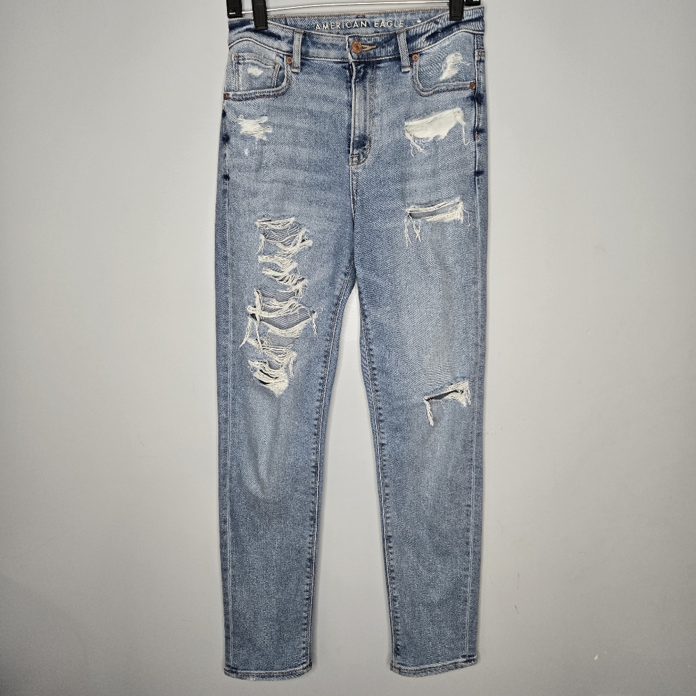 American Eagle‎ Mom Jean Distressed Long Tall womens size 2 ripped Stretch Loose